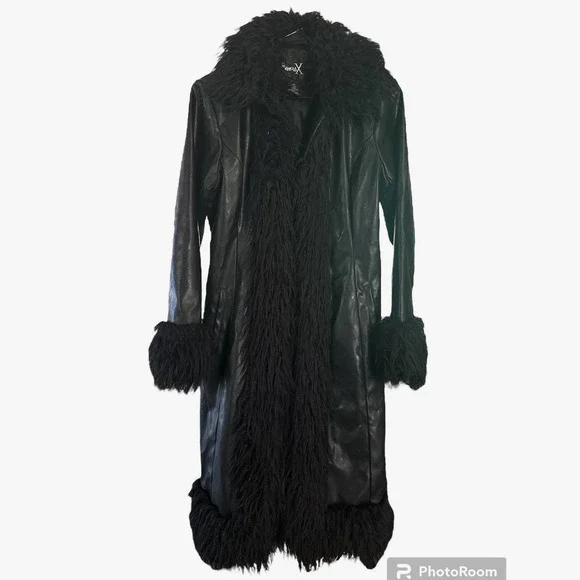 Vintage Y2K Formula X Penny lane all black coat size M faux leather fur Goth - Picture 1 of 13